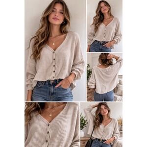 Urban Outfitters Out From Under Waffle Knit Cardigan Oatmeal Tan Button Front M